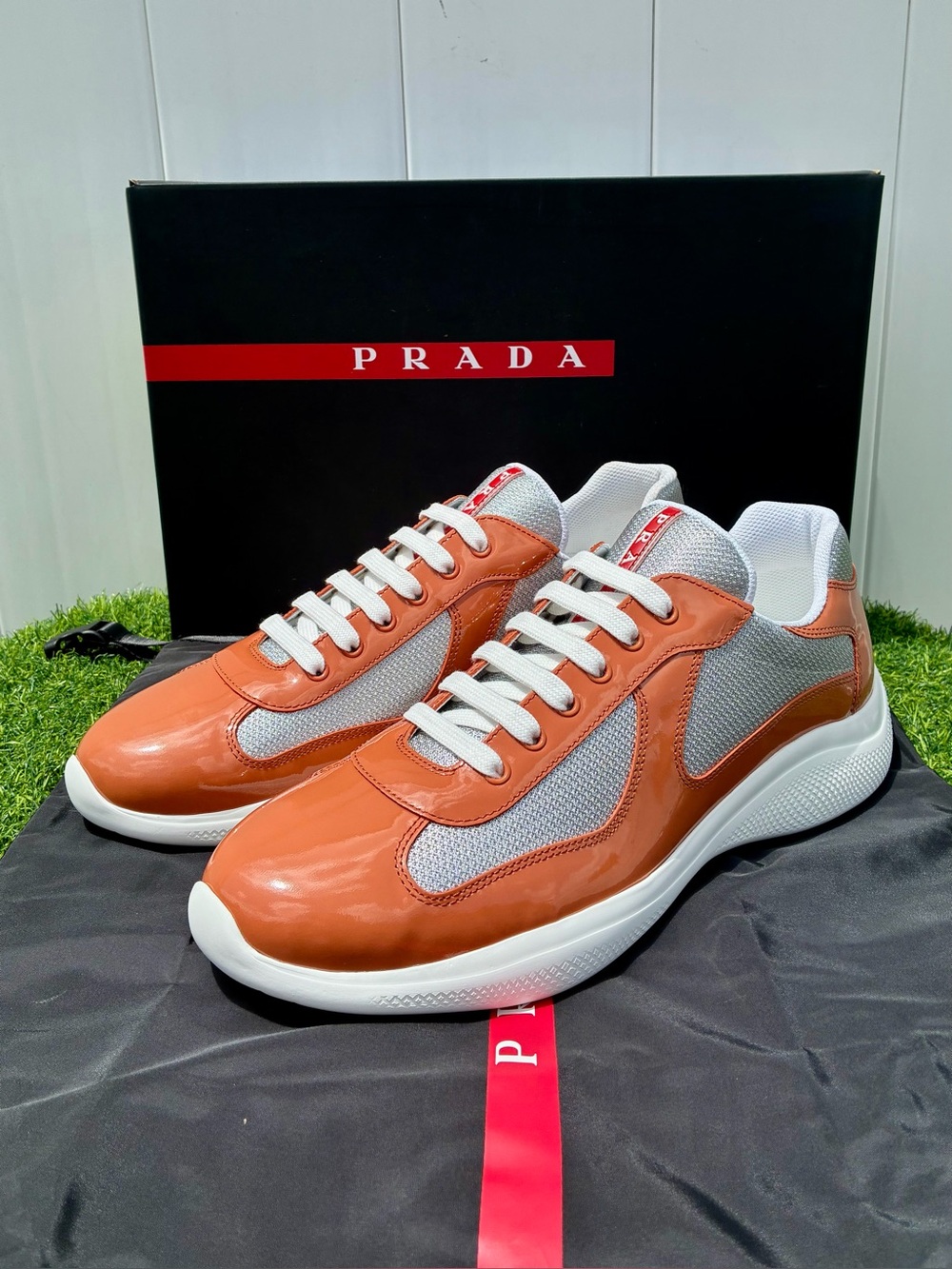 PRADA AMERICA’S CUP SNEAKERS ORANGE PAT. LEATHER SILVER TECH. FABRIC UK11.5 NEW